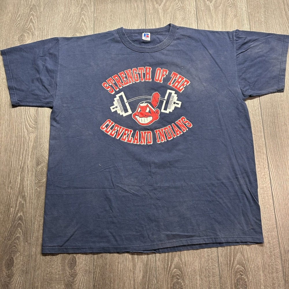 Vintage Russell Athletic Cleveland Indians Strength T-Shirt XXL Navy Blue USA